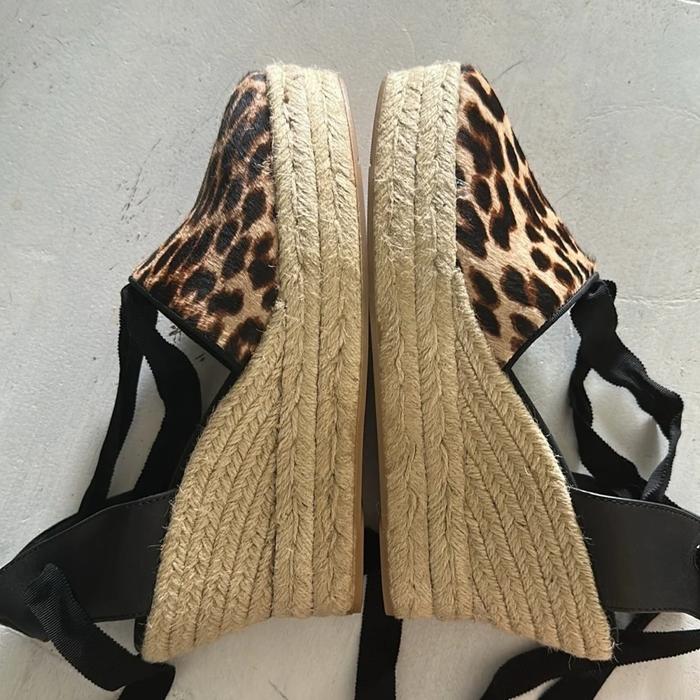 Tory Burch Elisa Leopard Print Espadrille Wedge Shoe Size 10.5 Calf Hair Lace Up - Picture 8 of 16